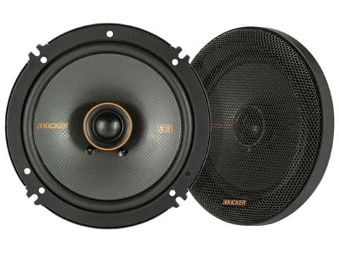 Kicker KS coaxial car speakers — one with grille, one exposed