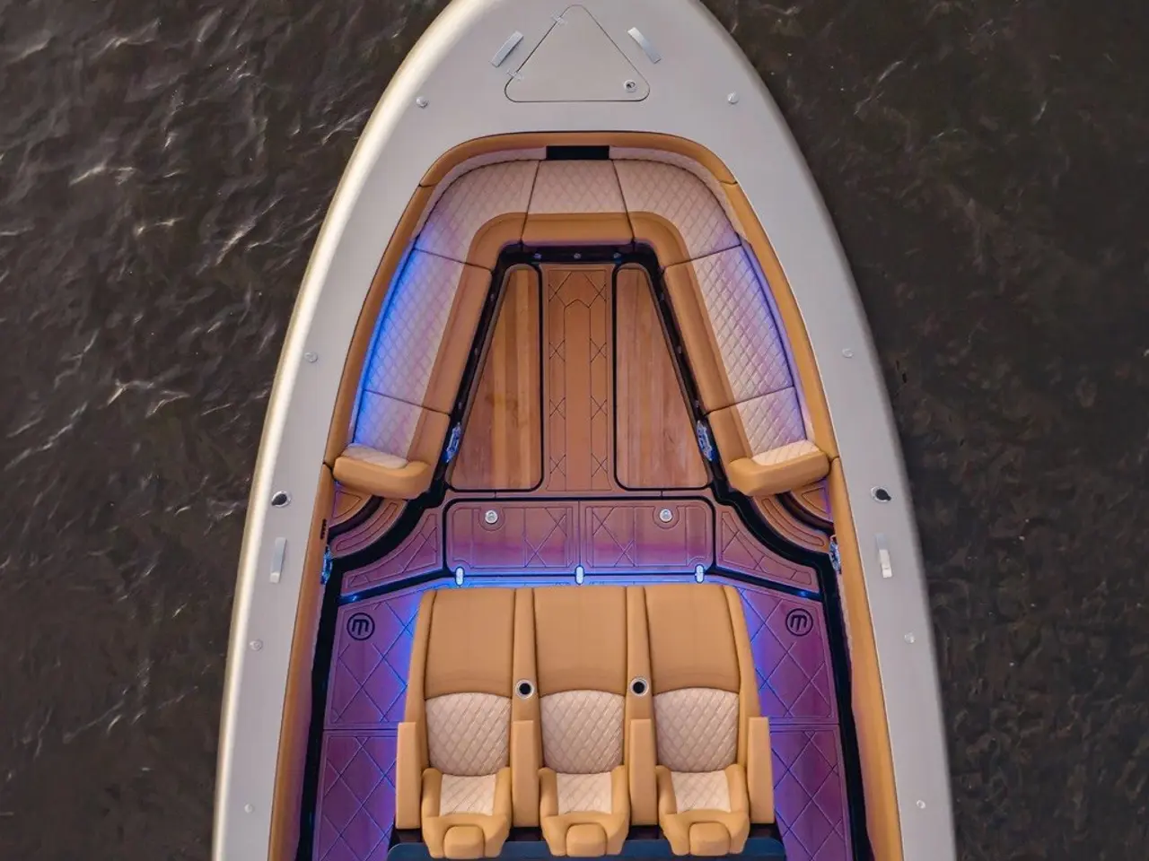 Premium boat cockpit with accent lighting, overhead view