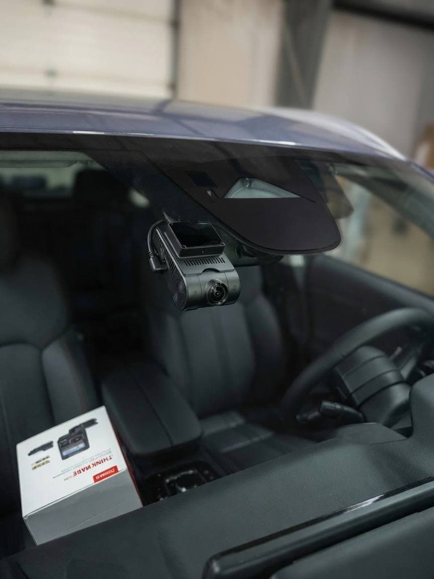 Finished VIOFO 3-channel dash camera front unit mounted cleanly near the rearview mirror